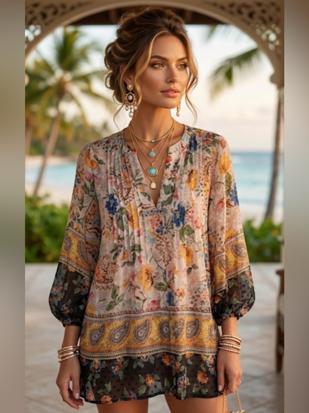 Figueroa & Flower Border Print 3/4 Sleeve Blouse Womens Bohemian Sz L Floral